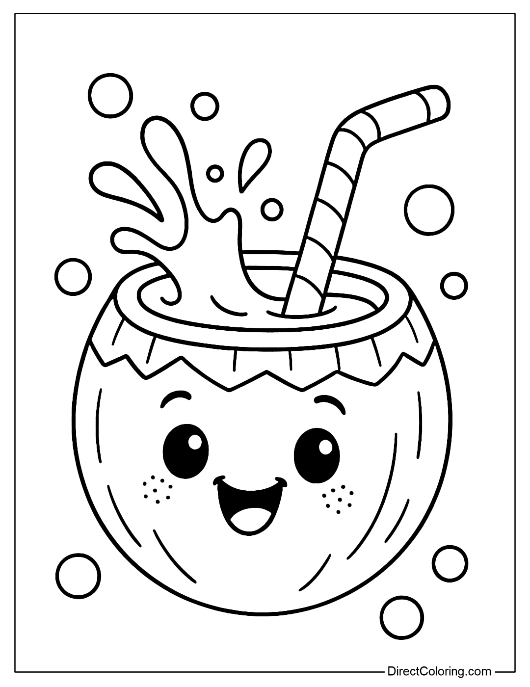 Coconut water cup coloring page with eyes, mouth, straw and fun bubbles.